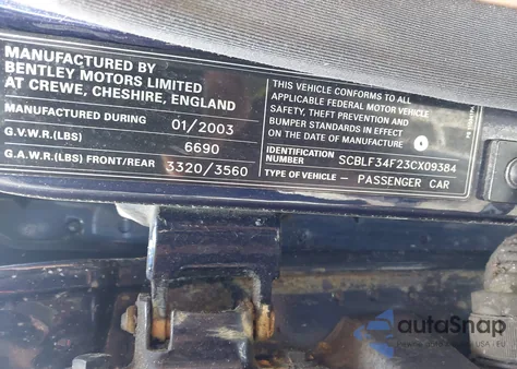 2003 Bentley Arnage T z USA, uszkodzony, nr VIN SCBLF34F23CX09384